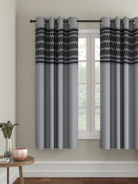 

eyda Grey & Black Embroidered Single Room Darkening Window Curtain