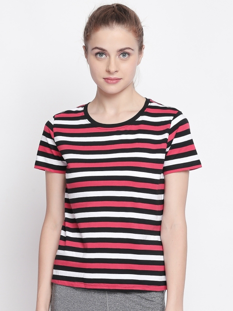 

Ajile by Pantaloons Women Pink Striped Round Neck Pure Cotton T-shirt