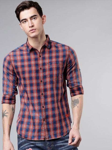 

Ecko Unltd Men Blue & Orange Slim Fit Checked Casual Shirt