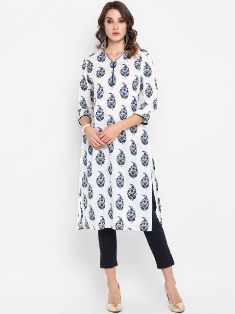 

Janasya Women White & Blue Printed Straight Kurta