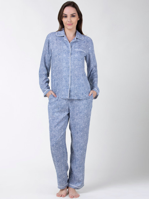 

ADORENITE Women Blue & White Floral Printed Shirt and Pyjama Night suit