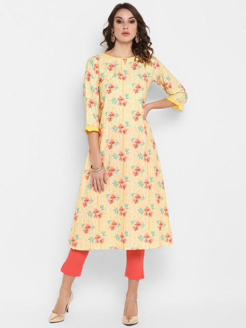 

Janasya Women Yellow & Green Floral Printed A-Line Kurta