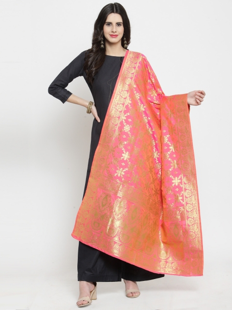 

mf Pink & Gold-Toned Woven Design Banarasi Silk Dupatta
