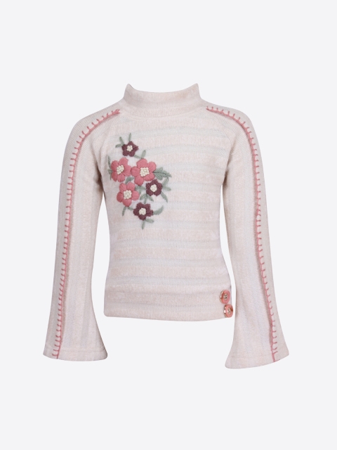 

CUTECUMBER Girls Cream-Coloured & Pink Embroidered Top