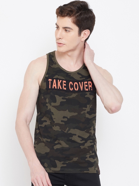 

PUNK Men Olive Green Camouflage Printed Round Neck T-shirt
