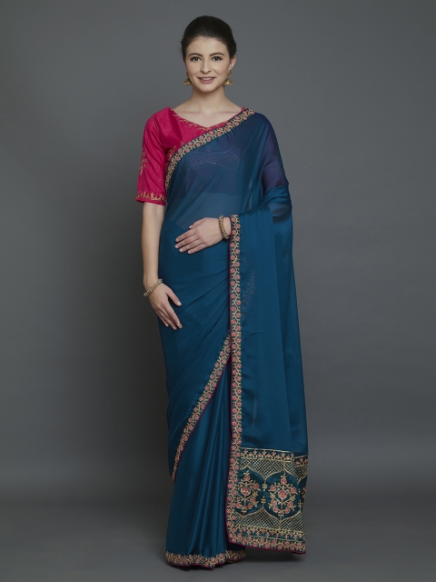 

Mitera Teal Blue & Gold-Coloured Poly Georgette Embellished Banarasi Saree