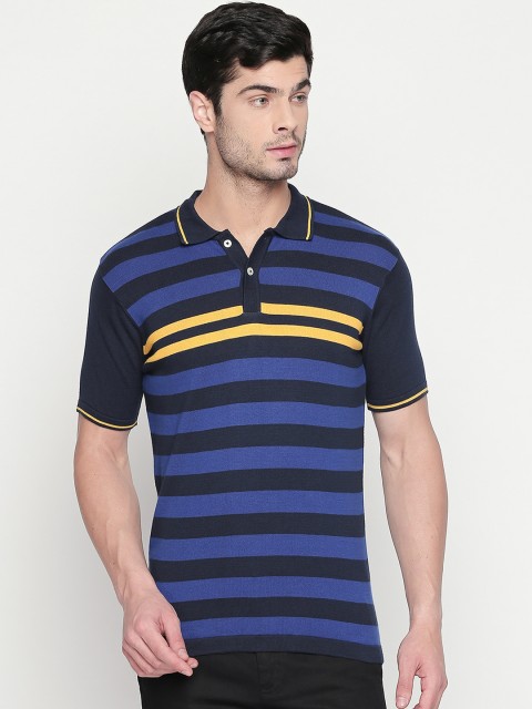 

BYFORD by Pantaloons Men Navy Blue Striped Polo Collar Pure Cotton T-shirt