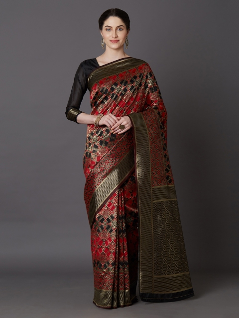 

Mitera Black & Red Silk Blend Woven Design Kanjeevaram Saree