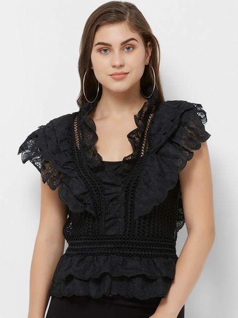 

bebe Women Black Self Design Ruffle Layered Top