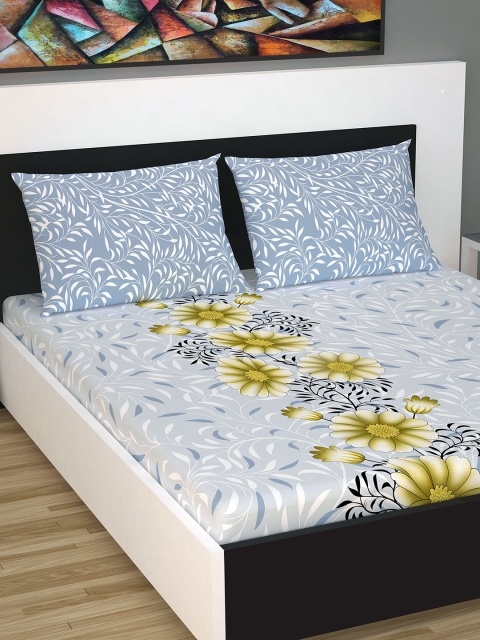 

Divine Casa Grey & Green Floral 144 TC Cotton 1 Queen Bedsheet with 2 Pillow Covers