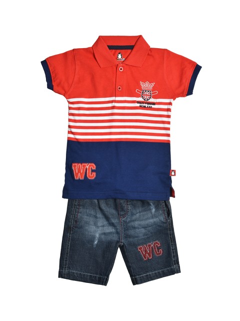 

CRAZYPENGUIN Boys Red & Blue Striped T-shirt with Denim Shorts