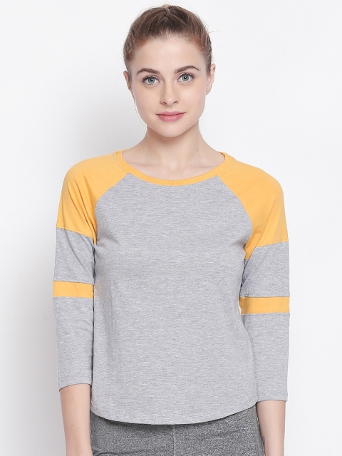 

Ajile by Pantaloons Women Grey Melange Colourblocked Round Neck Pure Cotton T-shirt