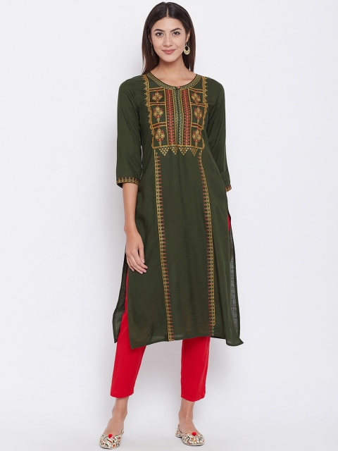 

Prakhya Women Olive Green Embroidered Straight Kurta