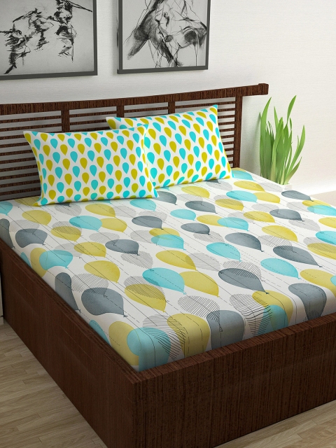 

Divine Casa White & Yellow Conversational 144 TC Cotton 1 Queen Bedsheet with 2 Pillow Covers