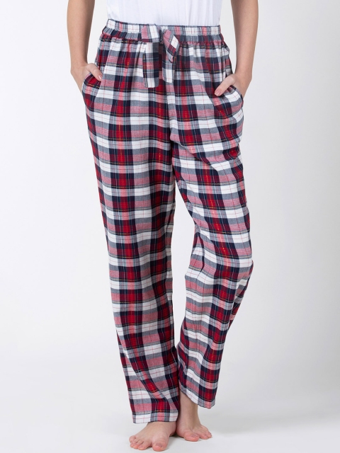 

ADORENITE Women White & Red Checked Lounge Pants with Bow Detail