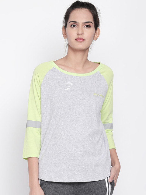 

Ajile by Pantaloons Women Grey Lime Green Solid Round Neck Pure Cotton T-shirt