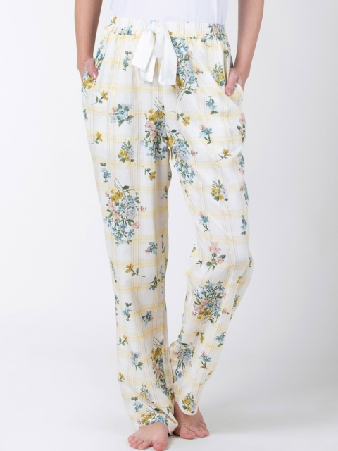 

ADORENITE Women White & Yellow Floral Printed Lounge Pyjamas With Bow Detail