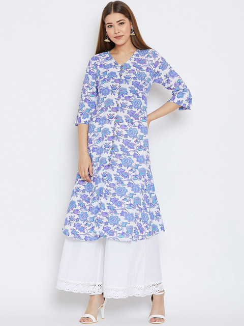 

One of a Kind Women Blue & White Printed Calf-Length Kurta