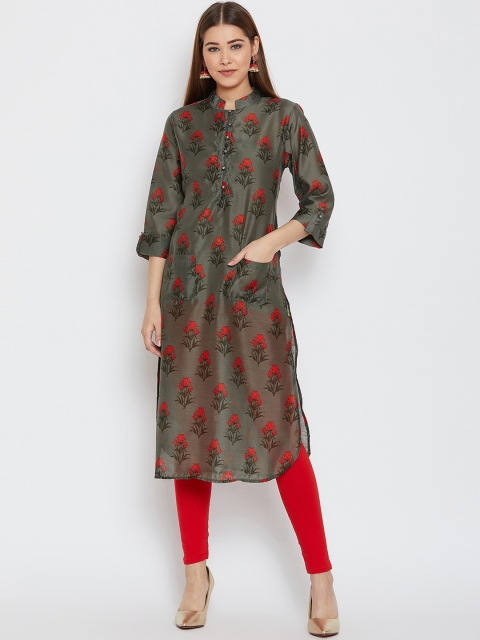 

One of a Kind Women Olive Green & Red Printed Pure Cotton Straight Kurta