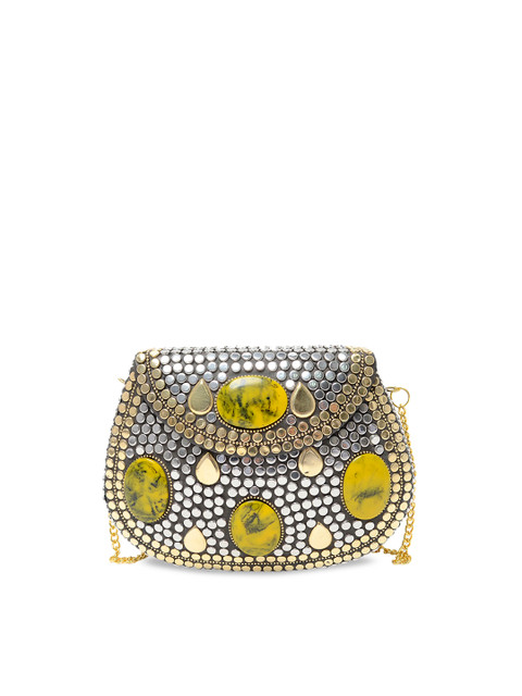 

VOILA Silver-Toned & Yellow Handmade Embellished Box Clutch