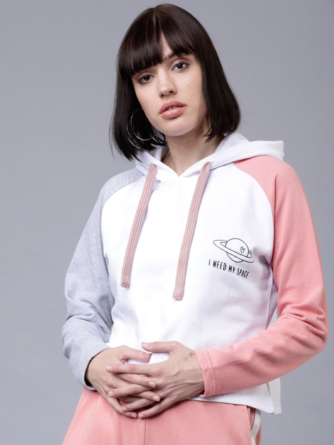 

Tokyo Talkies Women Pink & White Colourblocked Hooded Sweatshirt