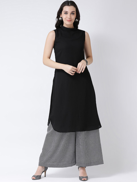 

Castle Women Black Solid A line Kurta with Black & White Checked Palazzo