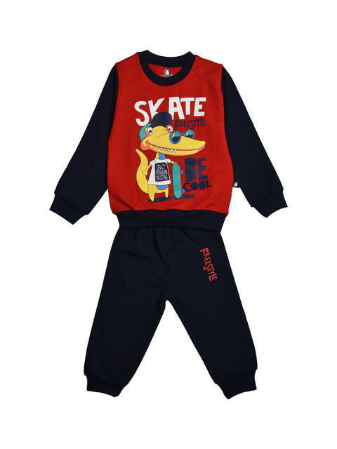 

CRAZYPENGUIN Boys Red & Navy Blue Printed Sweatshirt with Joggers