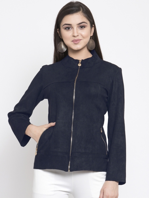 

Purple Feather Women Navy Blue Solid Suede Tailored Jacket
