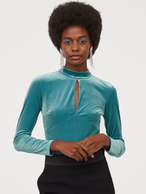 

H&M Women Turquoise Blue Solid Long-Sleeved Body