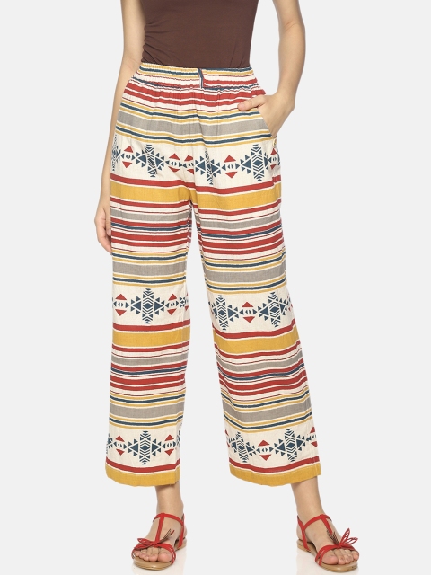 

NAKSHORA Women Cream-Coloured & Red Printed Straight Palazzos