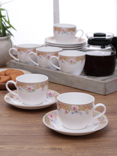 

CLAY CRAFT White & Gold-Toned Set of 6 Printed Bone China Cups and Saucers
