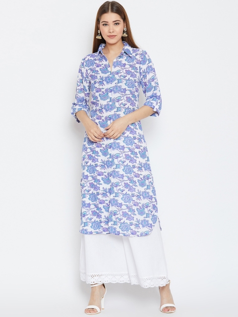

One of a Kind Women Blue & White Printed Calf-Length Kurta