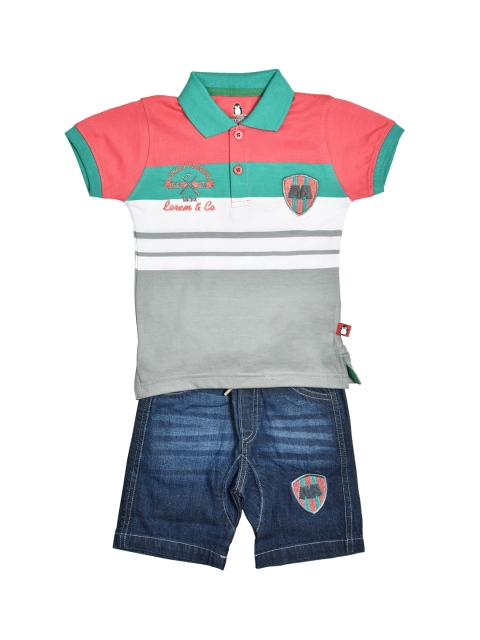 

CRAZYPENGUIN Boys Pink & Blue Striped T-shirt with Shorts