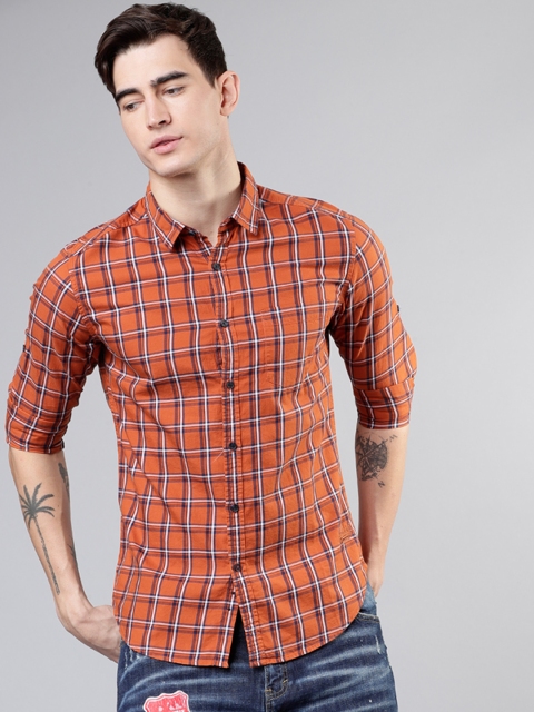

Ecko Unltd Men Orange & White Yarn Dyed Slim Fit Checked Casual Shirt
