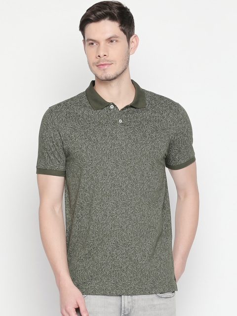 

BYFORD by Pantaloons Men Olive Green Printed Polo Collar Pure Cotton T-shirt