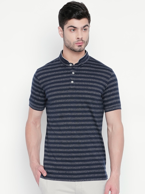 

BYFORD by Pantaloons Men Navy Blue Striped Henley Neck T-shirt