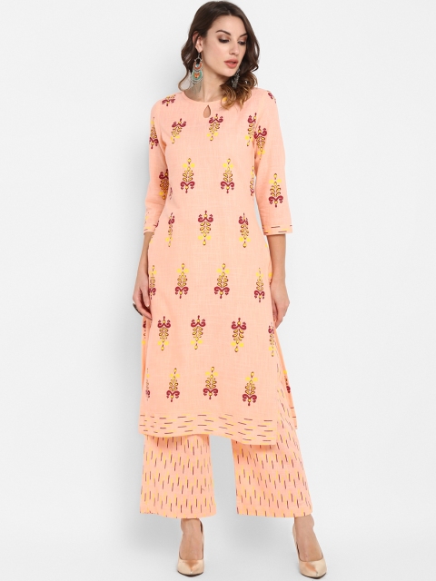 

Janasya Women Peach-Coloured & Yellow Printed Kurta with Palazzos