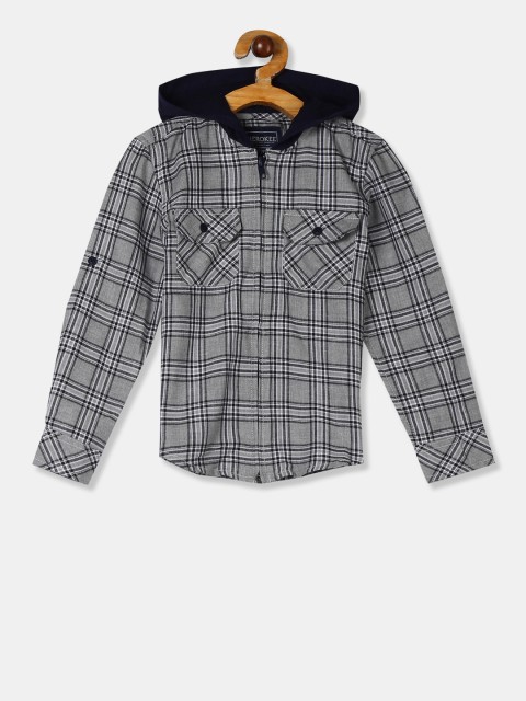 

Cherokee Boys Grey & Black Regular Fit Checked Casual Hooded Shirt
