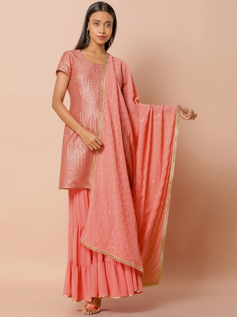 

INDYA Pink & Gold-Coloured Sequin Embellished Dupatta