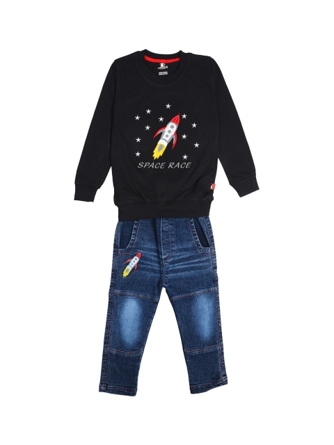 

CRAZYPENGUIN Boys Black & Blue Printed Sweatshirt with Washed Denim Trousers