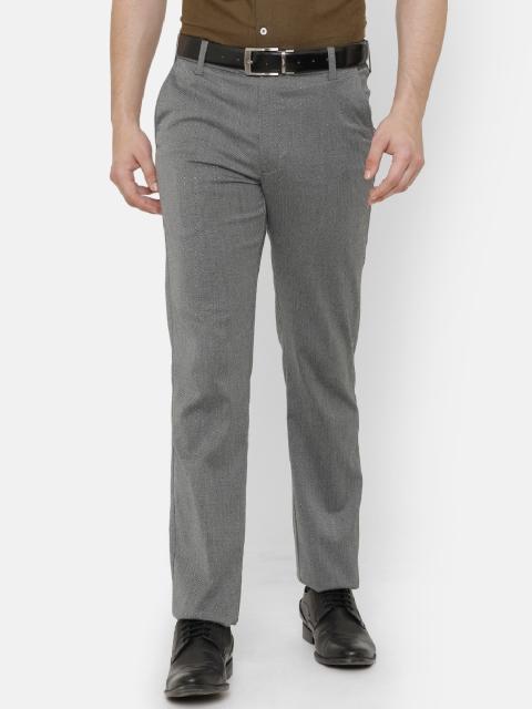 Double Two Men Grey Melange Comfort Regular Fit Self Design Formal Trousers