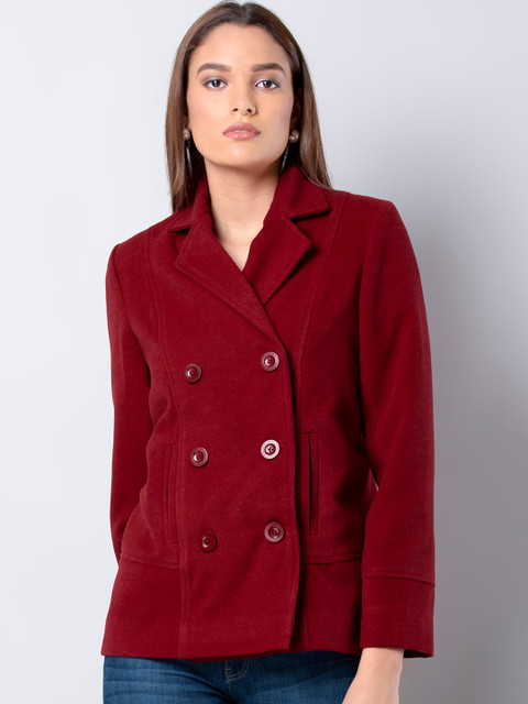 

FabAlley Women Maroon Solid Double-Breasted Felt Pea Coat