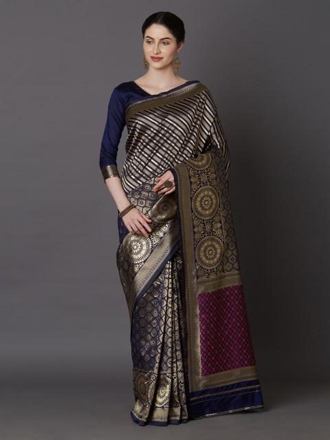 

Mitera Blue & Gold-Coloured Silk Blend Woven Design Kanjeevaram Saree