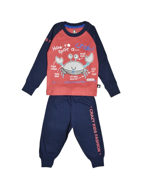 

CRAZYPENGUIN Boys Coral Red & Navy Blue Printed Sweatshirt with Joggers