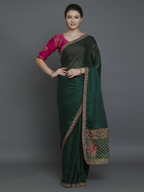 

Mitera Green & Gold-Coloured Poly Georgette Embellished Banarasi Saree