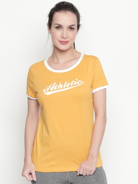 Ajile by Pantaloons Women Yellow Printed Round Neck Pure Cotton T-shirt