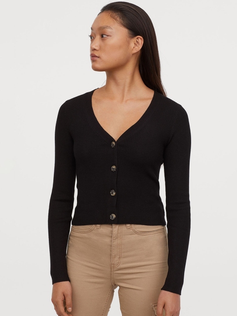

H&M Women Black Ribbed V-Neck Cardigan