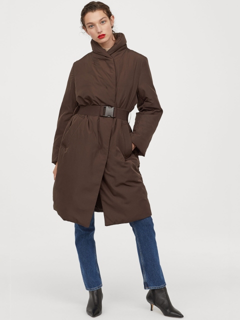 

H&M Women Brown Solid Down Sustainable Coat With A Belt