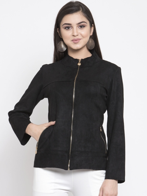 

Purple Feather Women Black Solid SuedeTailored Jacket