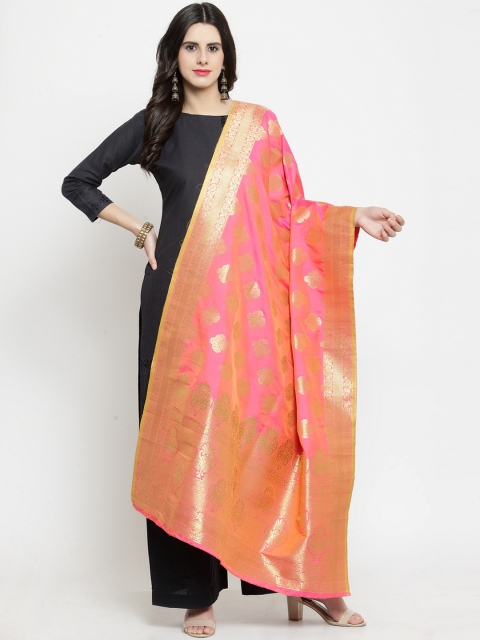 

mf Pink & Gold-Toned Woven Design Banarasi Silk Dupatta
